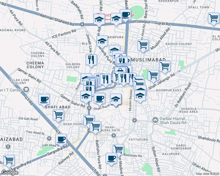 map of restaurants, bars, coffee shops, grocery stores, and more near Khwajgan Road in Gujrat