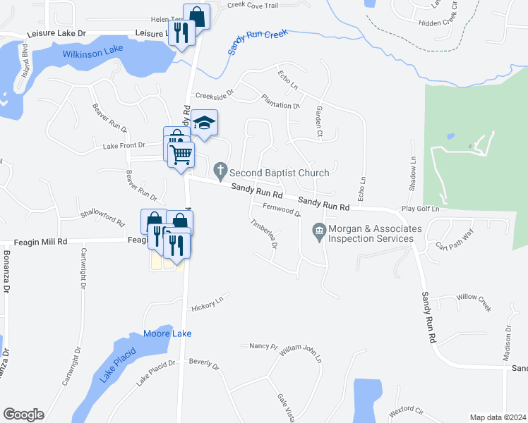 map of restaurants, bars, coffee shops, grocery stores, and more near 126 Fernwood Drive in Warner Robins