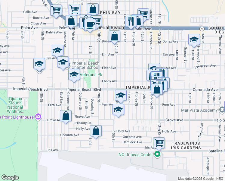 map of restaurants, bars, coffee shops, grocery stores, and more near 1062 10th Street in Imperial Beach