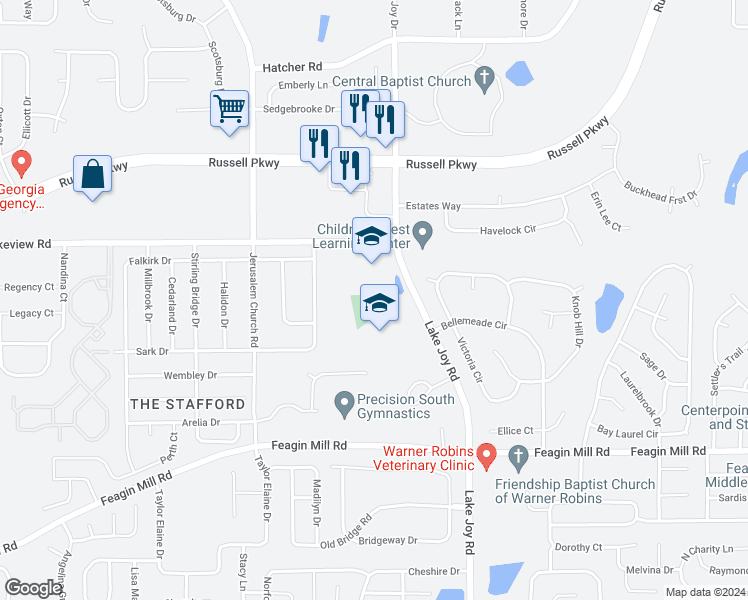 map of restaurants, bars, coffee shops, grocery stores, and more near 995 Lake Joy Road in Warner Robins