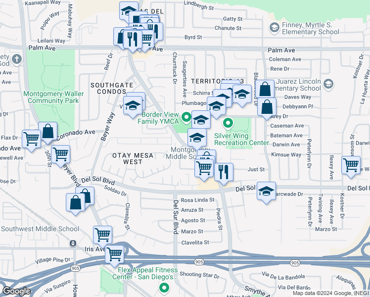 map of restaurants, bars, coffee shops, grocery stores, and more near 3595 Majestic Drive in San Diego