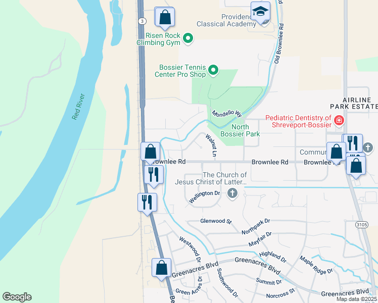 map of restaurants, bars, coffee shops, grocery stores, and more near 203 Walnut Lane in Bossier City