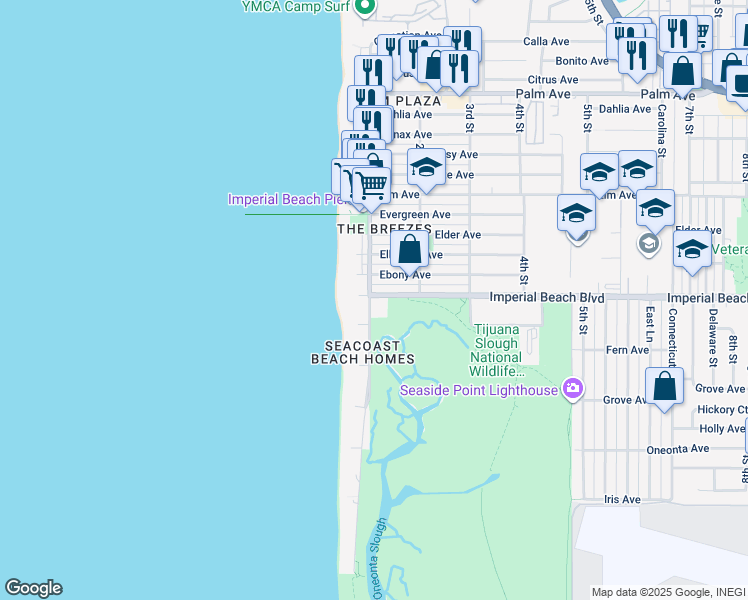map of restaurants, bars, coffee shops, grocery stores, and more near 1111 Seacoast Drive in Imperial Beach