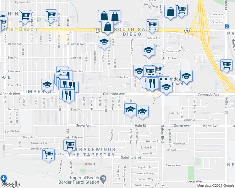 map of restaurants, bars, coffee shops, grocery stores, and more near 1608 Coronado Avenue in San Diego