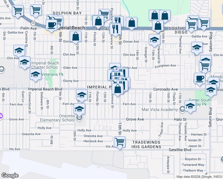 map of restaurants, bars, coffee shops, grocery stores, and more near Imperial Beach Blvd & Florence St in Imperial Beach