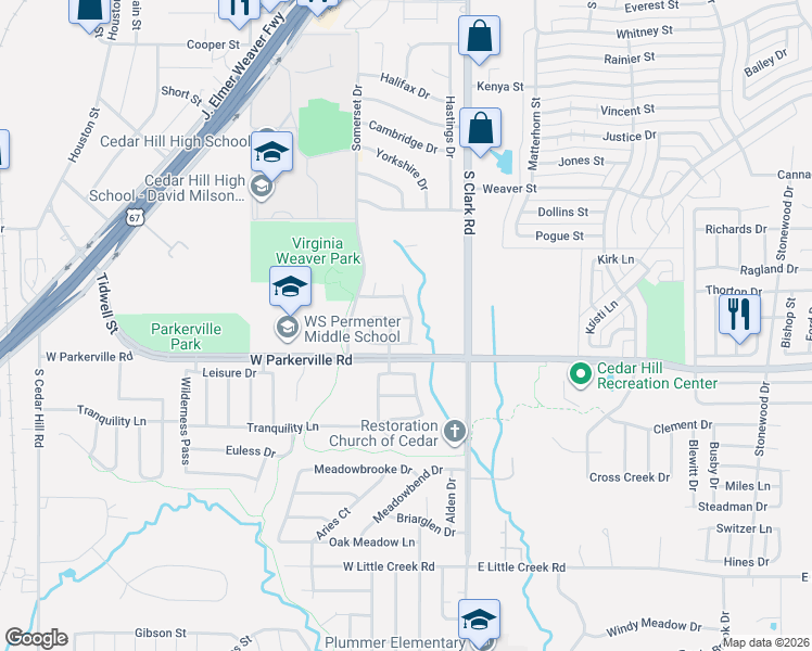 map of restaurants, bars, coffee shops, grocery stores, and more near 201 Tulip Lane in Cedar Hill