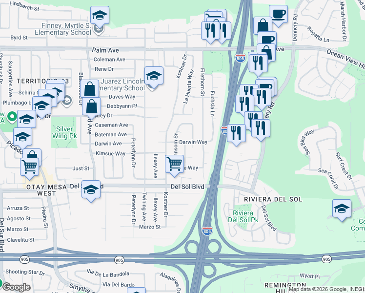 map of restaurants, bars, coffee shops, grocery stores, and more near 4292 Darwin Way in San Diego