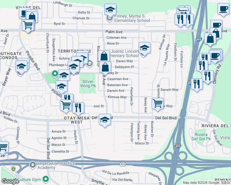 map of restaurants, bars, coffee shops, grocery stores, and more near 4006 Darwin Avenue in San Diego