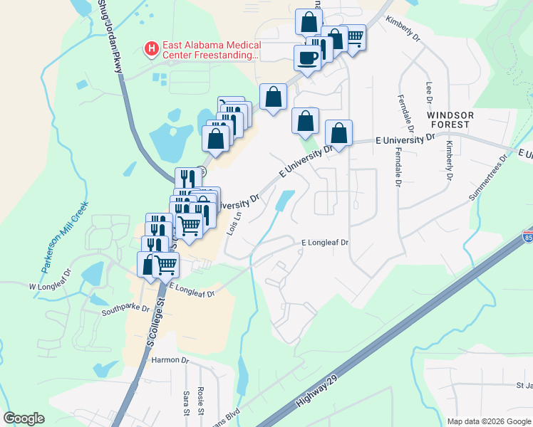 map of restaurants, bars, coffee shops, grocery stores, and more near 152 East University Drive in Auburn