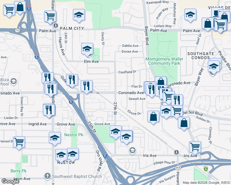 map of restaurants, bars, coffee shops, grocery stores, and more near Coronado Ave & 27th St in San Diego