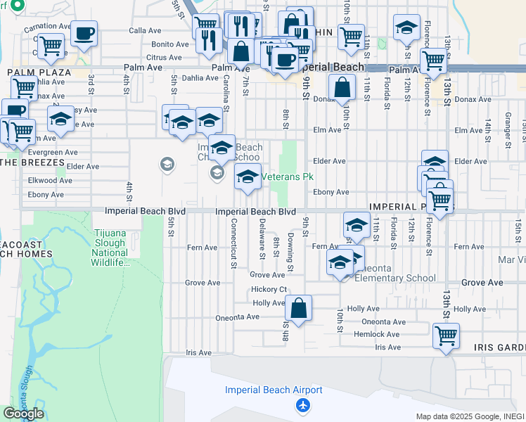 map of restaurants, bars, coffee shops, grocery stores, and more near Imperial Beach Boulevard in San Diego County