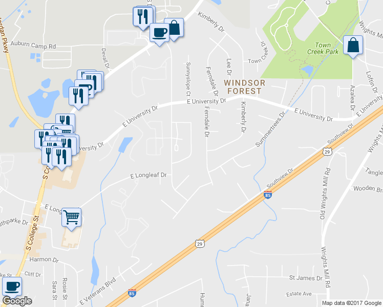 map of restaurants, bars, coffee shops, grocery stores, and more near 1433 Cloverbrook Circle in Auburn