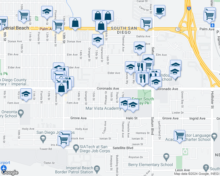 map of restaurants, bars, coffee shops, grocery stores, and more near 1606 Coronado Avenue in San Diego