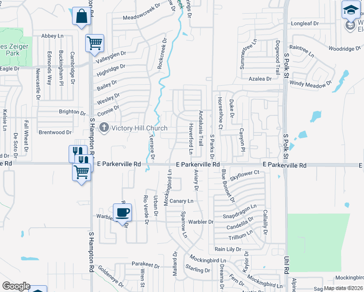 map of restaurants, bars, coffee shops, grocery stores, and more near 505 Montridge Lane in DeSoto