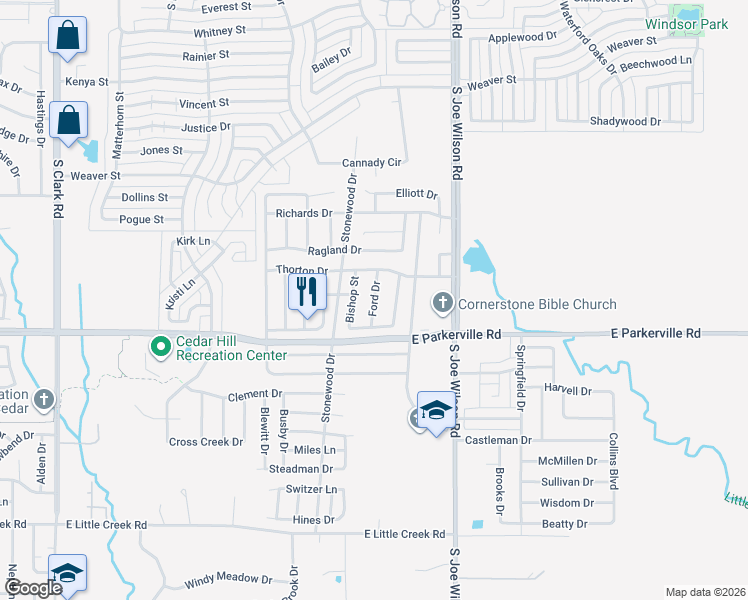 map of restaurants, bars, coffee shops, grocery stores, and more near 715 Ford Drive in Cedar Hill