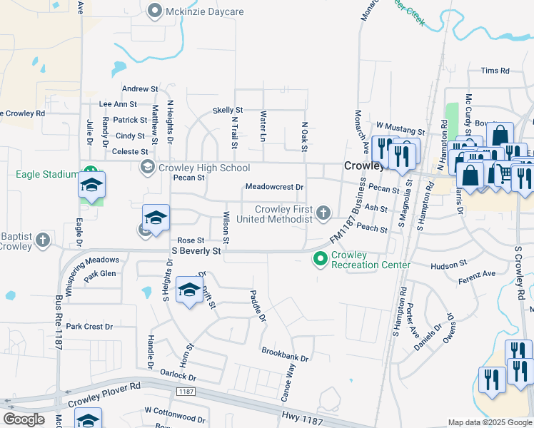 map of restaurants, bars, coffee shops, grocery stores, and more near 732 Meadowlark Circle in Crowley