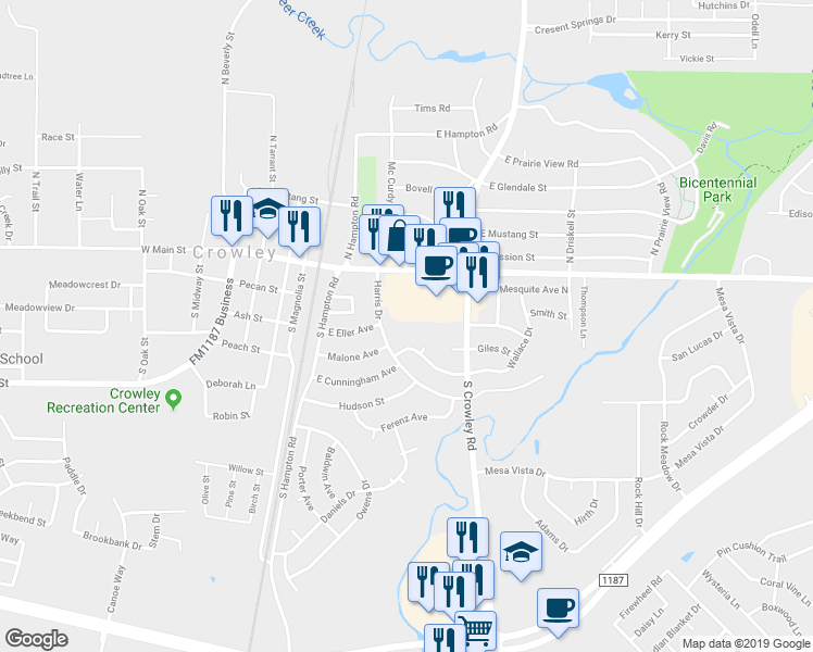 map of restaurants, bars, coffee shops, grocery stores, and more near 221 Harris Drive in Crowley
