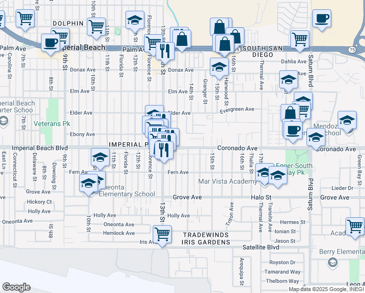 map of restaurants, bars, coffee shops, grocery stores, and more near 1405 Eboe Avenue in San Diego