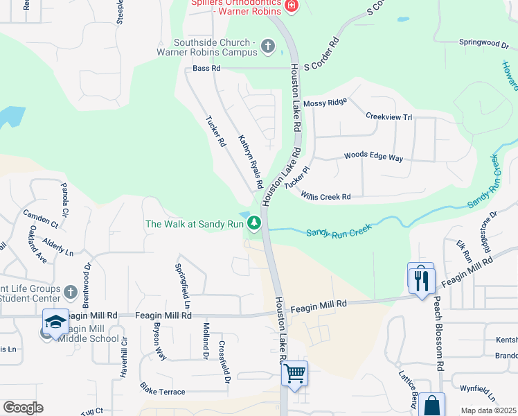 map of restaurants, bars, coffee shops, grocery stores, and more near 233 Tucker Road in Warner Robins