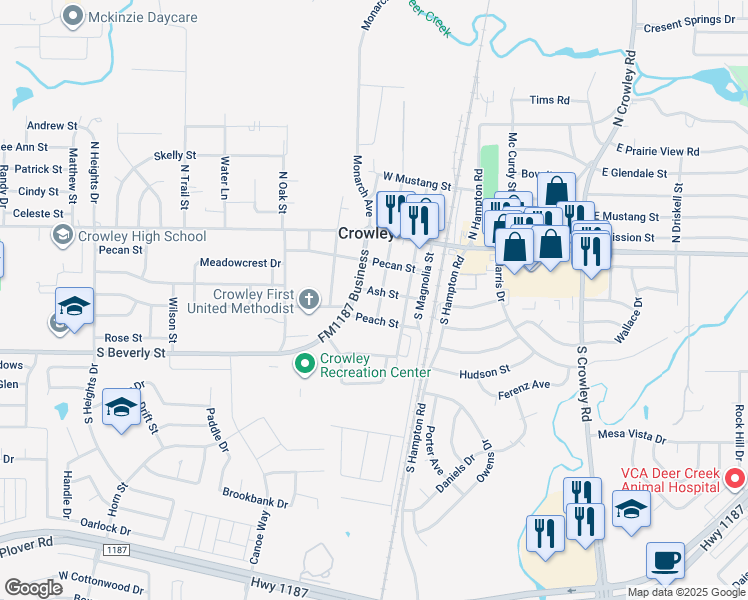 map of restaurants, bars, coffee shops, grocery stores, and more near 300 Ash Street in Crowley