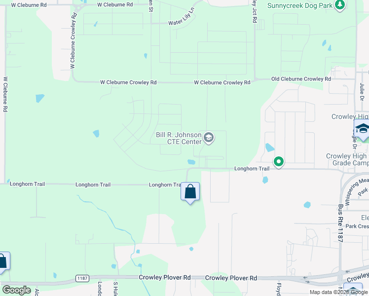 map of restaurants, bars, coffee shops, grocery stores, and more near 1950 Longhorn Trail in Crowley
