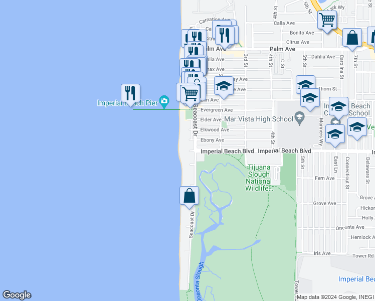 map of restaurants, bars, coffee shops, grocery stores, and more near 51 Imperial Beach Boulevard in Imperial Beach