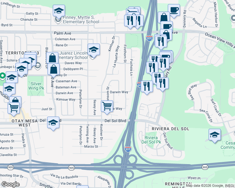 map of restaurants, bars, coffee shops, grocery stores, and more near 4325 Darwin Way in San Diego