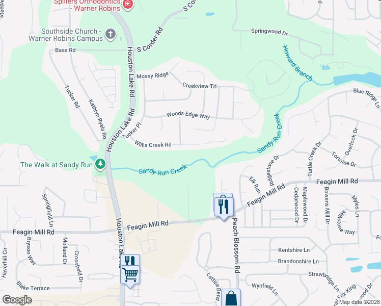 map of restaurants, bars, coffee shops, grocery stores, and more near 204 Willis Creek Road in Warner Robins