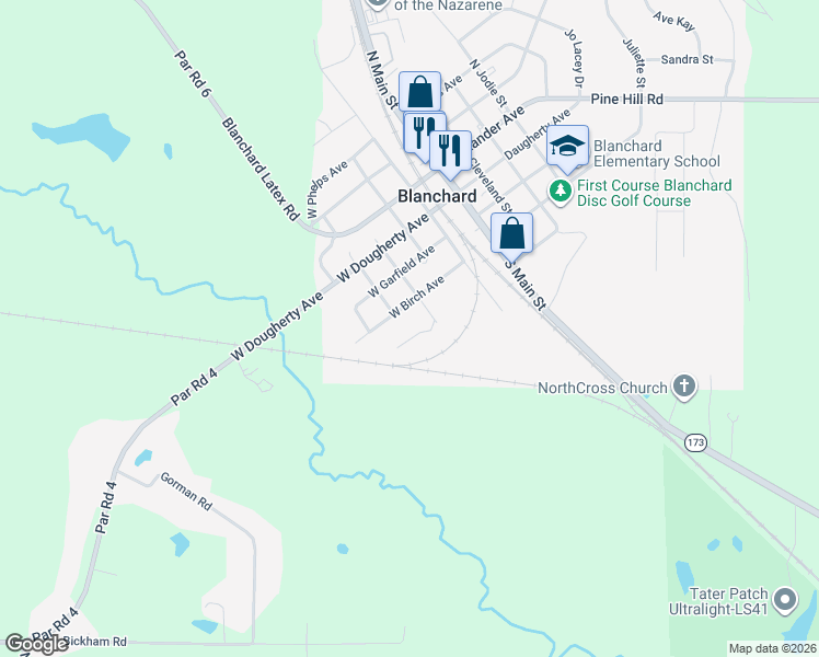 map of restaurants, bars, coffee shops, grocery stores, and more near 343 West Birch Avenue in Blanchard