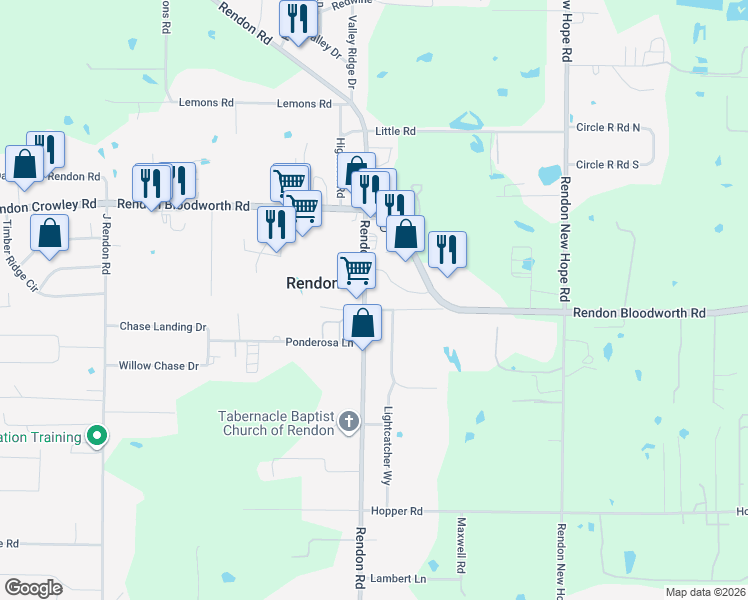map of restaurants, bars, coffee shops, grocery stores, and more near 12255 Rendon Road in Burleson