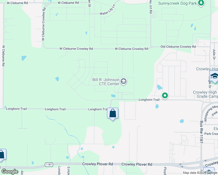 map of restaurants, bars, coffee shops, grocery stores, and more near 1950 Longhorn Trail in Crowley
