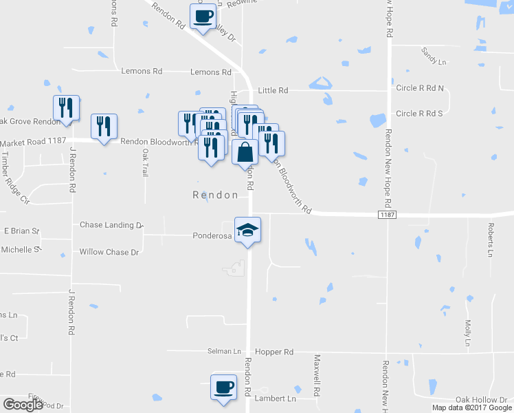 map of restaurants, bars, coffee shops, grocery stores, and more near 12255 Rendon Road in Burleson