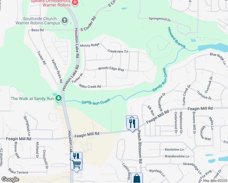 map of restaurants, bars, coffee shops, grocery stores, and more near 204 Willis Creek Road in Warner Robins