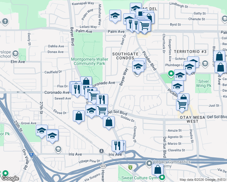 map of restaurants, bars, coffee shops, grocery stores, and more near 1146 Camino Ternura in San Diego