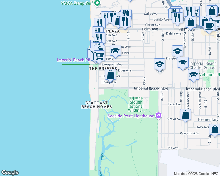 map of restaurants, bars, coffee shops, grocery stores, and more near 162 Imperial Beach Boulevard in Imperial Beach