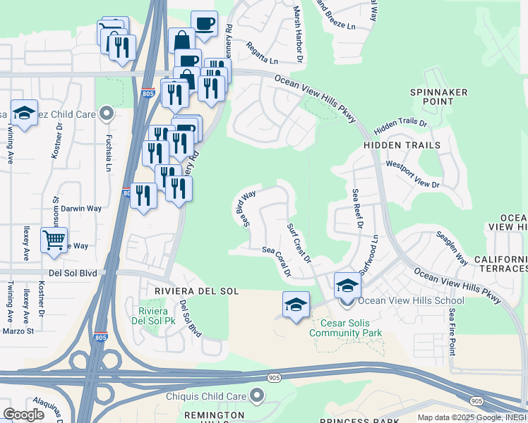 map of restaurants, bars, coffee shops, grocery stores, and more near 4821 Sea Water Lane in San Diego