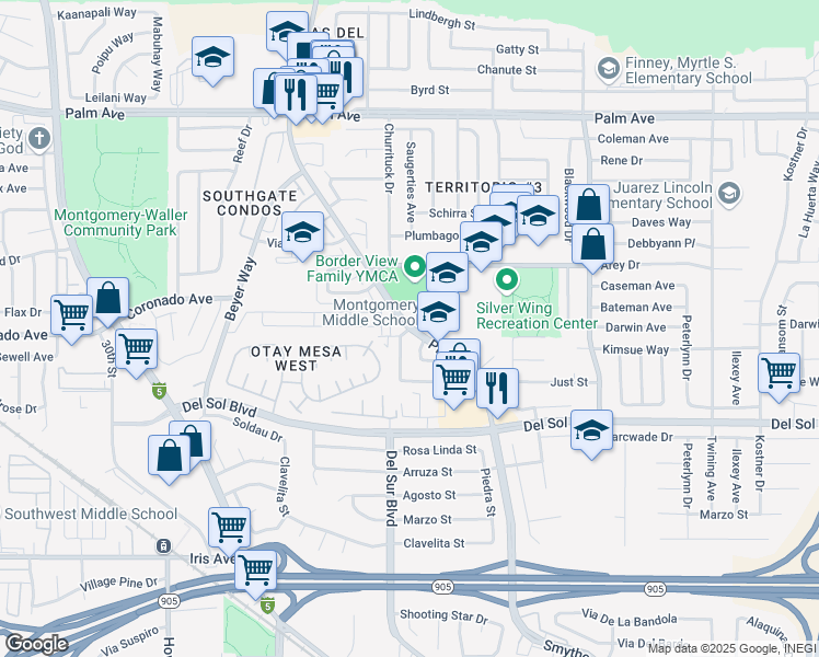 map of restaurants, bars, coffee shops, grocery stores, and more near 3595 Majestic Drive in San Diego