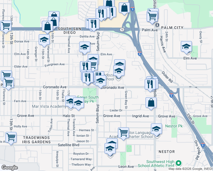 map of restaurants, bars, coffee shops, grocery stores, and more near 1080 Raedel Drive in San Diego