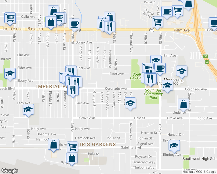 map of restaurants, bars, coffee shops, grocery stores, and more near 1548 Coronado Avenue in San Diego