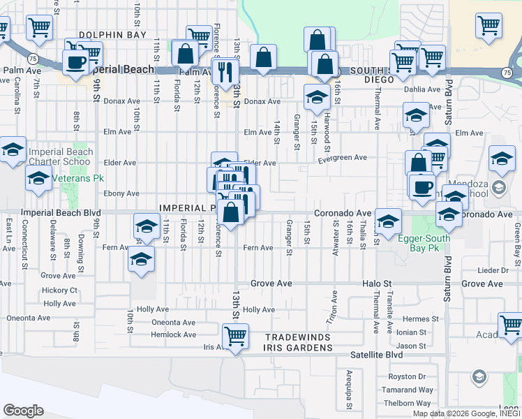 map of restaurants, bars, coffee shops, grocery stores, and more near 1405 Eboe Avenue in San Diego