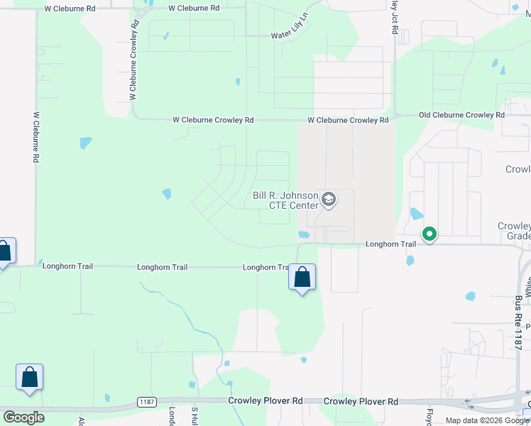 map of restaurants, bars, coffee shops, grocery stores, and more near 1950 Longhorn Trail in Crowley