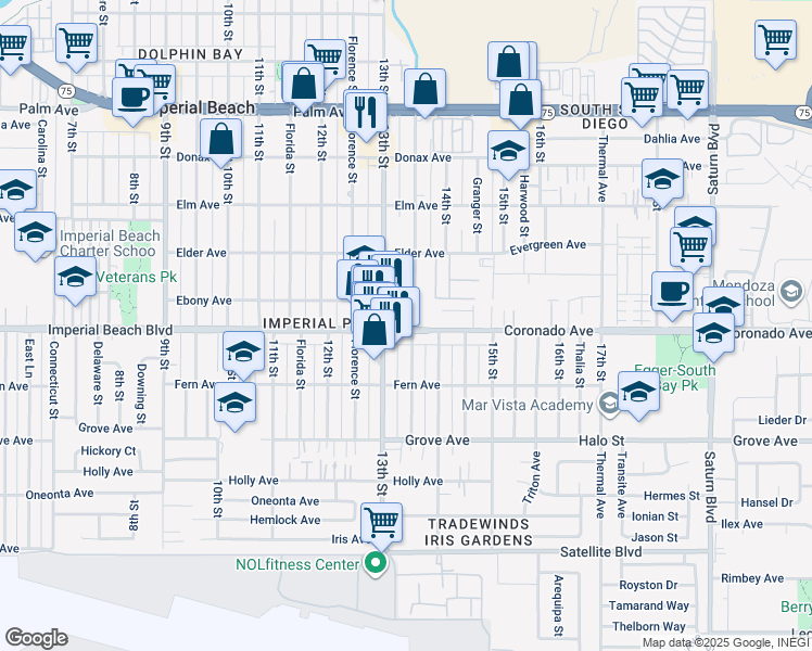 map of restaurants, bars, coffee shops, grocery stores, and more near in Imperial Beach