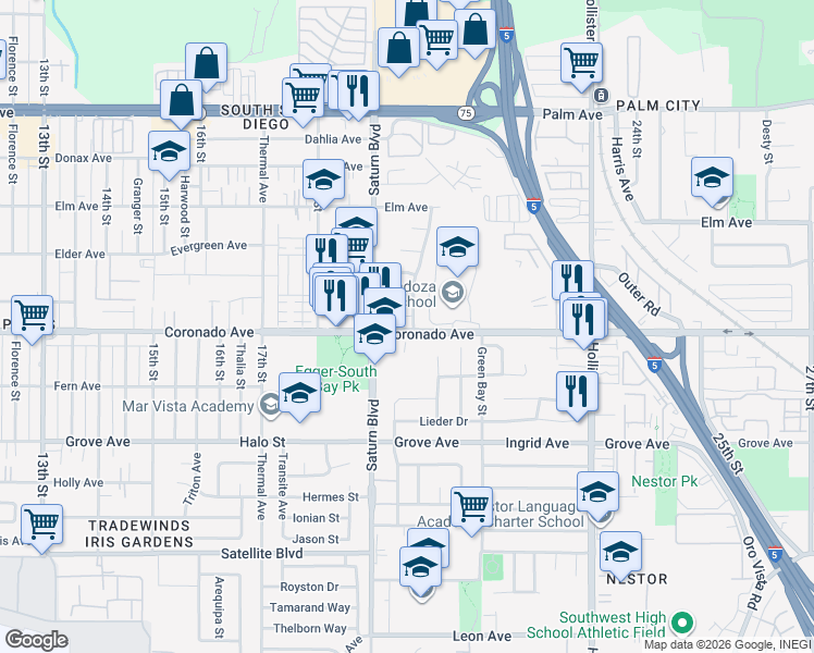 map of restaurants, bars, coffee shops, grocery stores, and more near 1080 Raedel Drive in San Diego