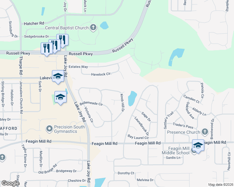 map of restaurants, bars, coffee shops, grocery stores, and more near 111 Knob Hill Drive in Warner Robins