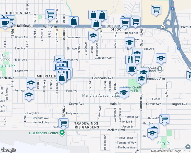 map of restaurants, bars, coffee shops, grocery stores, and more near 1548 Coronado Avenue in San Diego