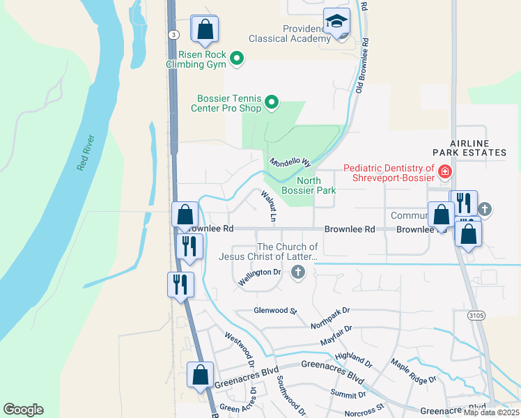 map of restaurants, bars, coffee shops, grocery stores, and more near 305 Walnut Circle in Bossier City