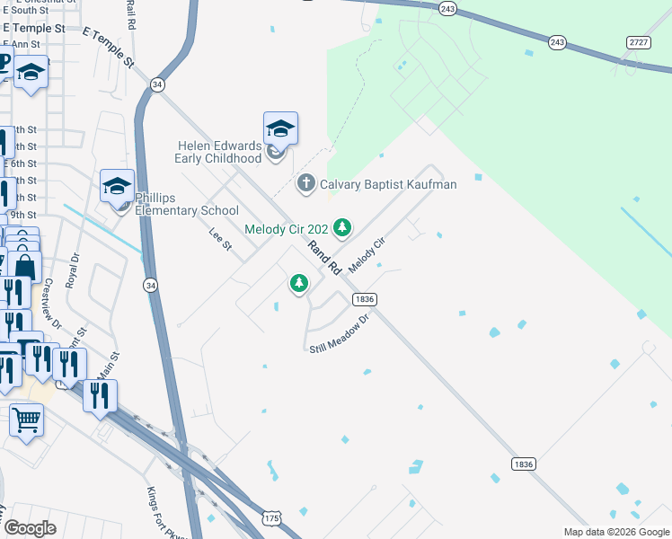 map of restaurants, bars, coffee shops, grocery stores, and more near 1901 Rand Road in Kaufman