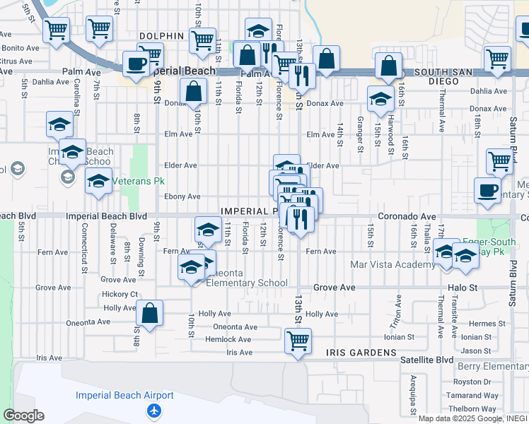 map of restaurants, bars, coffee shops, grocery stores, and more near 1085 12th Street in Imperial Beach