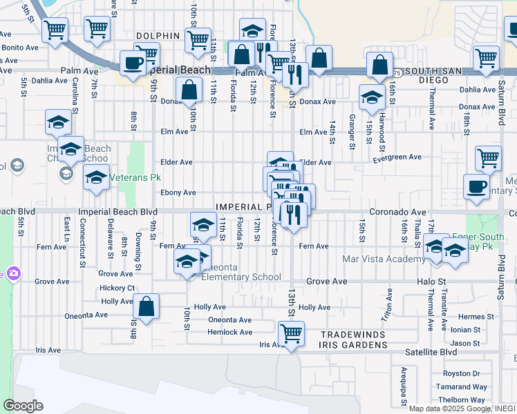 map of restaurants, bars, coffee shops, grocery stores, and more near 1085 12th Street in Imperial Beach