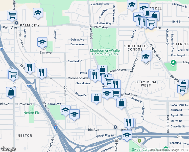 map of restaurants, bars, coffee shops, grocery stores, and more near 2930 Coronado Avenue in San Diego